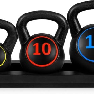 Best Choice Products 3-Piece Kettlebell Set with Storage Rack, HDPE Coated Exercise Fitness Concrete Weights for Home Gym, Strength Training, HIIT Workout 5lb, 10lb, 15lb