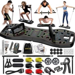 LALAHIGH Portable Home Gym System: Large Compact Push Up Board, Pilates Bar & 20 Fitness Accessories with Resistance Bands Ab Roller Wheel – Full Body Workout for Men and Women, Gift for Boyfriend