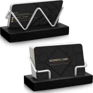 Amyhill 2 Pieces Wood Business Card Holder for Desk Wooden Business Card Display Stand Postcard Holder for Office Home Desktop (Black, Silver)